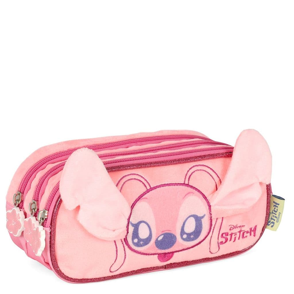 Estojo Tripo Escolar Aplique 3D Stitch & Angel Rosa - Disney