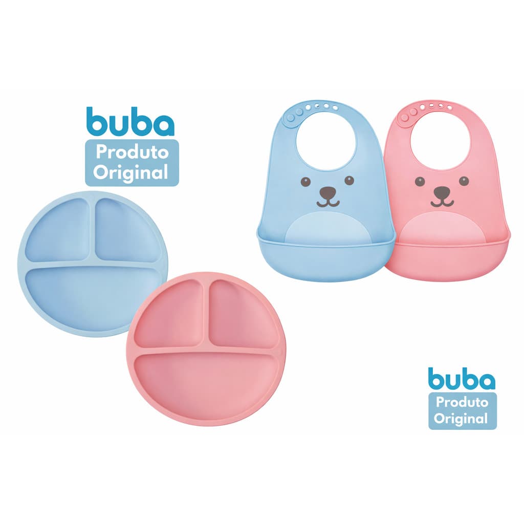 Kit Alimentação Buba 2 peças Silicone – Prato, Babador com Estampa – Azul ou Rosa