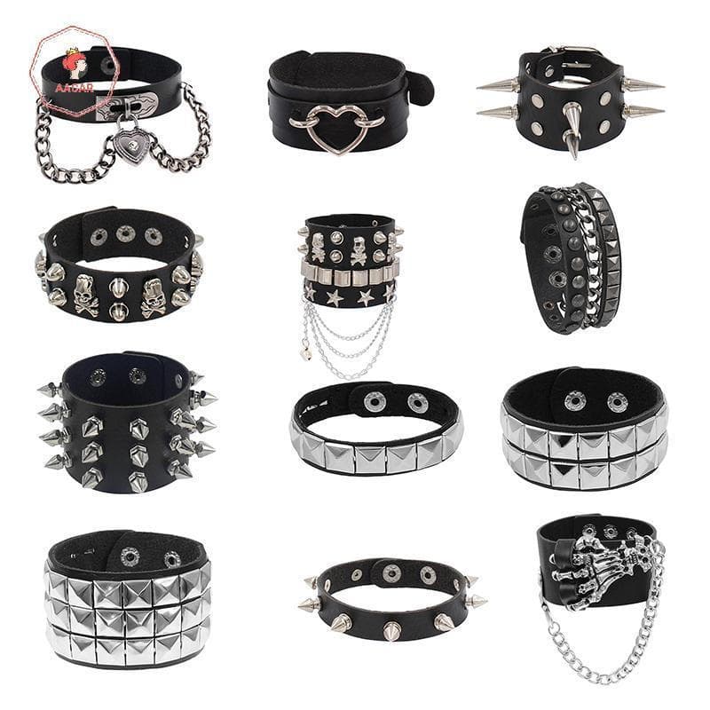 AACAR 90s Moda Estilo Punk Pulseira Personalidade Couro Do Plutônio Três Fileiras Picos Pulseiras Quadradas 2024 Festa J