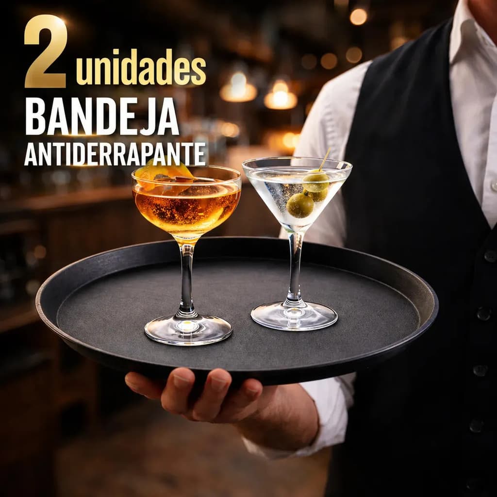 Kit 2 Bandejas Premium Profissional Antiderrapante Emborrachada Redonda 35cm Garçom Para Servir