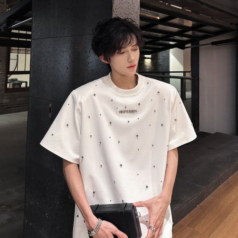 Verão artesanal pérola Design sentido ombreiras camiseta masculina de manga curta americano high Street Metal decoração