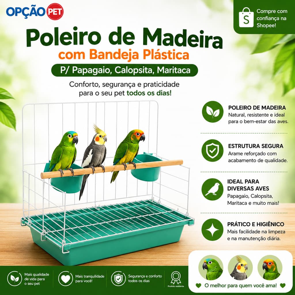 Poleiro de Madeira com Bandeja plástica P/ Papagaio, Calopsita, Maritaca, na cor Verde Tiffany - OPÇÃO PET