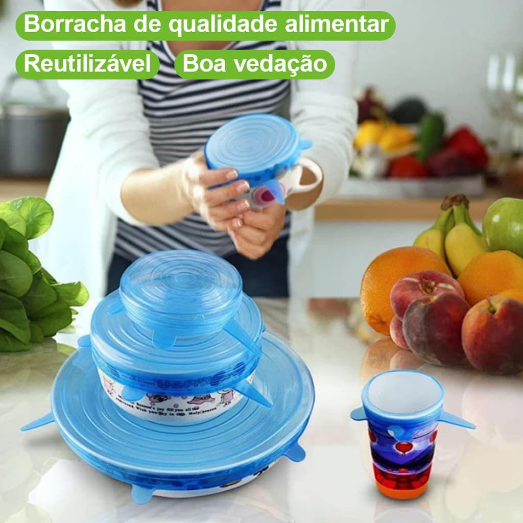 Kit6 Tampas Silicone Elástica Ajustável , para Panelas, Tigelas e Potes - Resistente ao Calor e Frio