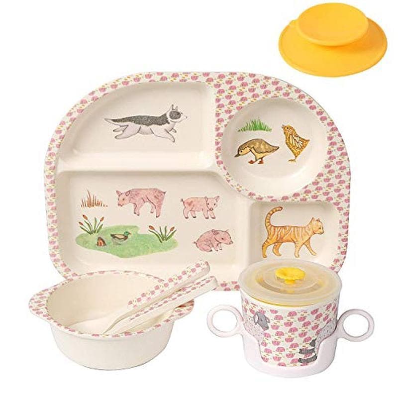 shopwithgreen 7 Unidades/Conjunto De Louça Infantil De Bambu-Pratos Infantis-Prato De Comida Tigela Copo Colher Garfo ,