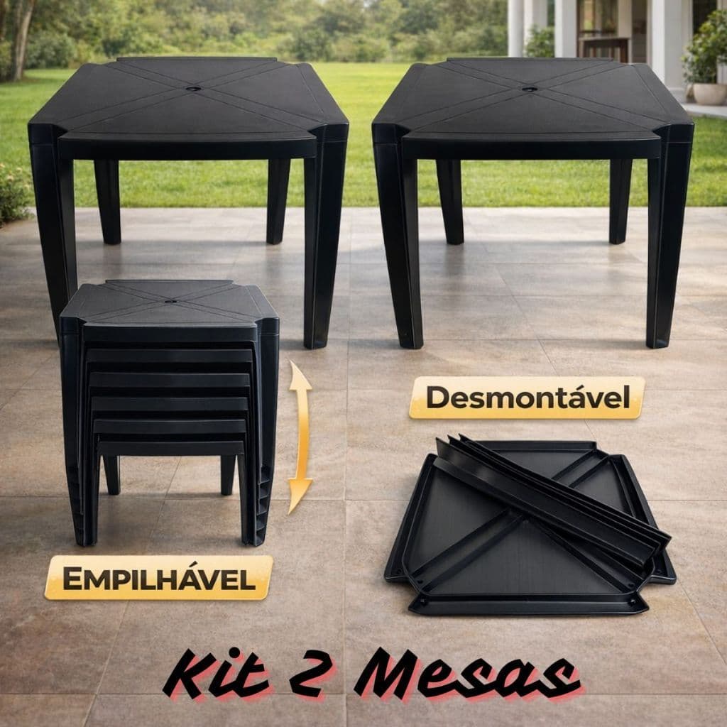 Kit 2 MesasDubai 70x70cm Pretas Reforçadas – Desmontáveis e Empilháveis para Uso Diário