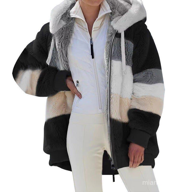 2023 europeu americano outono inverno novo estilo de pelúcia solto manga comprida cor-bloqueio com capuz zíper jaqueta f