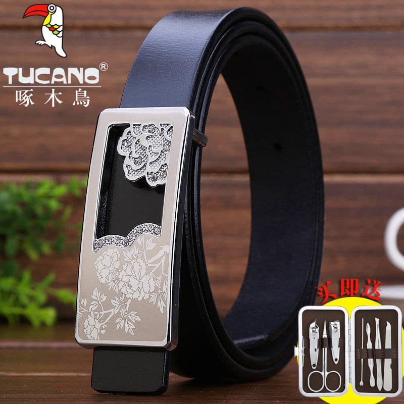 Novo pica-pau senhoras cinto de couro genuíno moda versão coreana fivela suave cinto fino decoração All-Match Trou