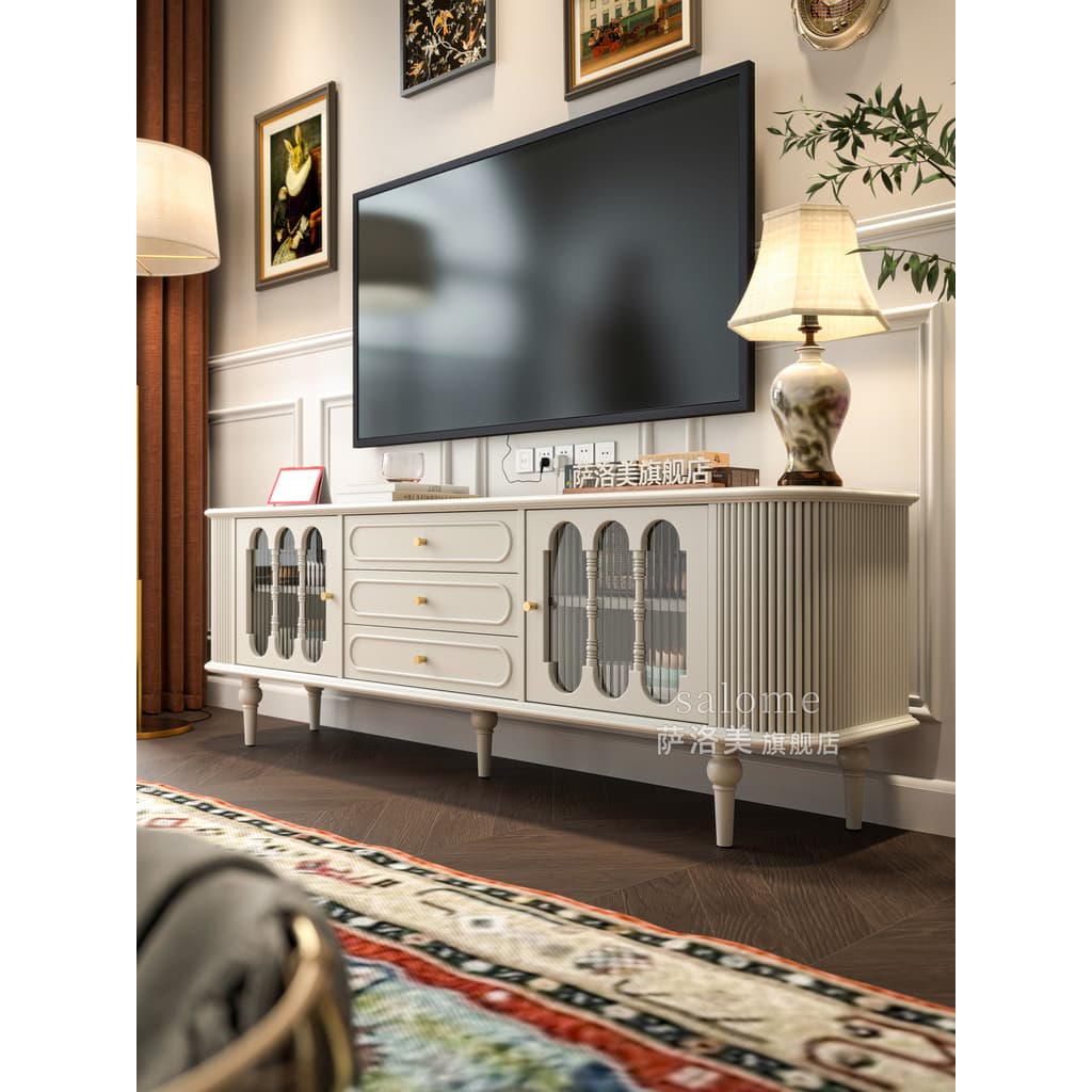 Armário de TV de madeira maciça estilo creme francês piso sala de estar estilo americano 2025 novo estilo armário de arm