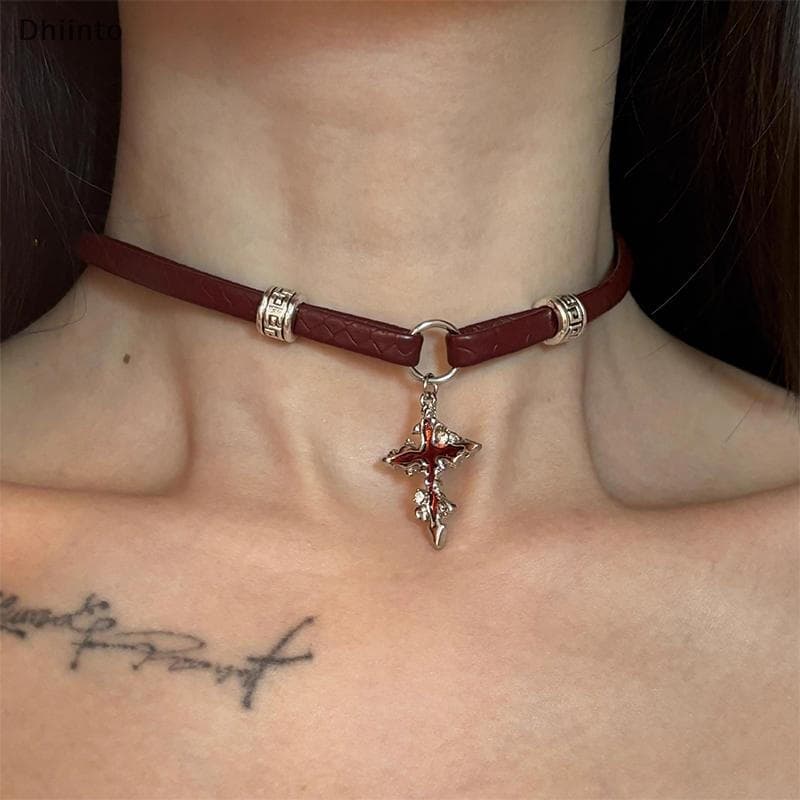 [Dhiint] Gargantilha Cruzada De Couro Vermelho Estilo Menina Quente Corrente De Clavícula Clareamento Nelace Em