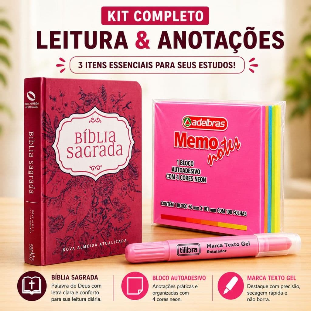 Kit Bíblia Sagrada Flores VM + Bloco Adesivo + Marca Texto