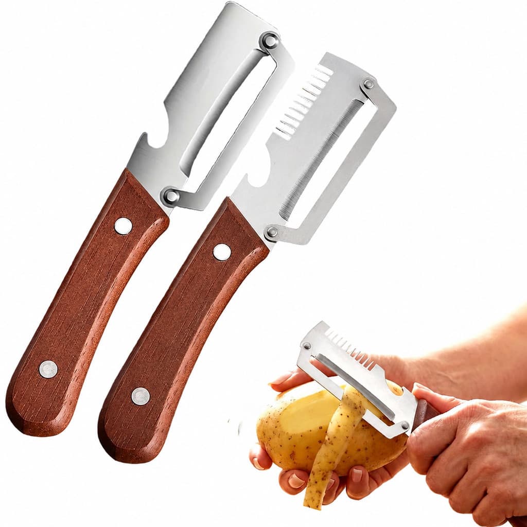 Conjunto de 2 peças de descascador de vegetais multifuncional em aço inoxidável, equipado com cabo de madeira e abridor