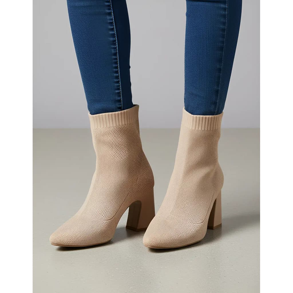 Bota Feminina Meia Knit Cano Baixo Salto Grosso Nude 184000