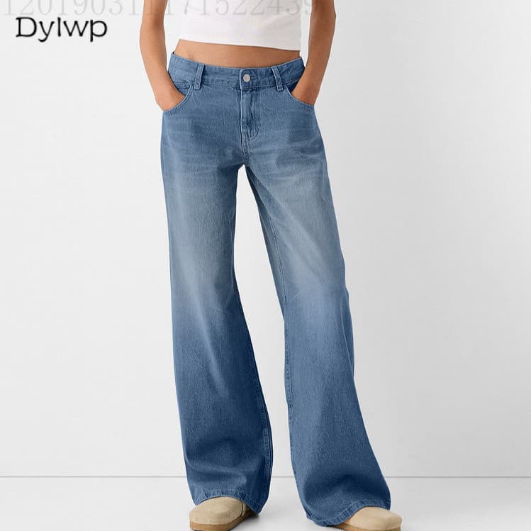 Calça Jeans Feminina De Perna Larga Cintura Baixa Solta Reta