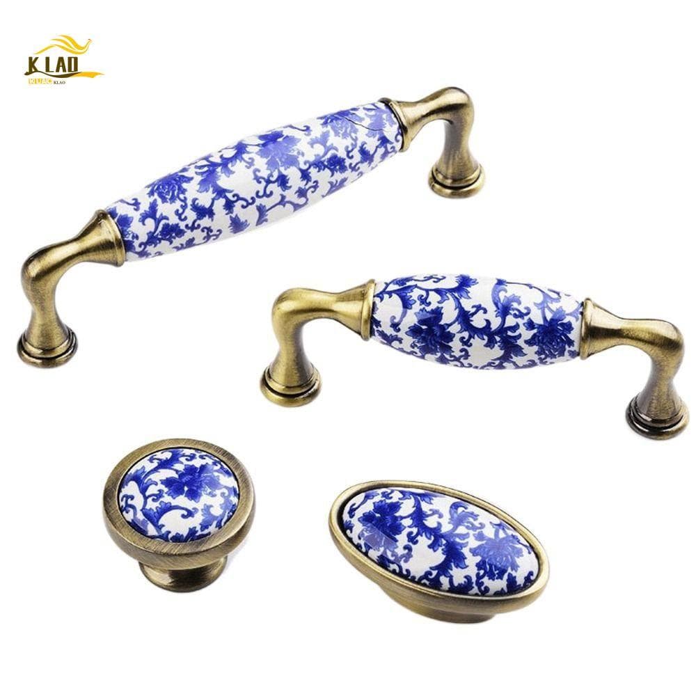 KLAOSD Maçaneta De Porta Flores De Porcelana 1Pcs Móveis Antigos Puxadores De Gaveta Azul E Branco Criativos