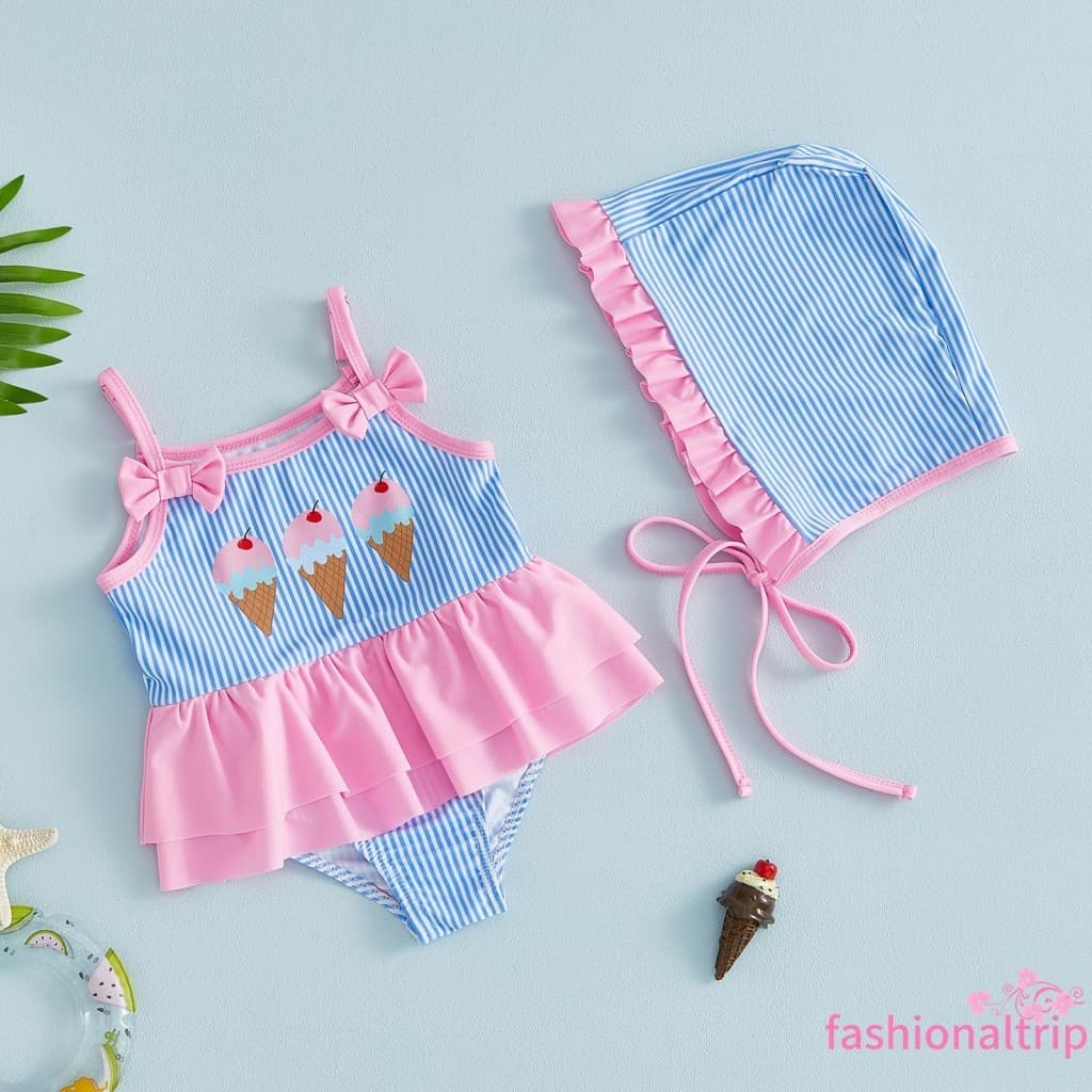 [FaSh] Maiô Listrado Para Bebês Meninas Verão Sem Mangas Com Estampa De Sorvete E Chapéu De Sol