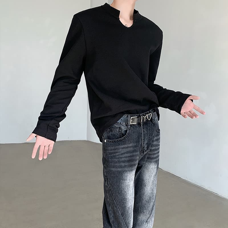 Primavera Waffle pequeno com decote em V Design Casual manga comprida camiseta masculina interior versão coreana malha t