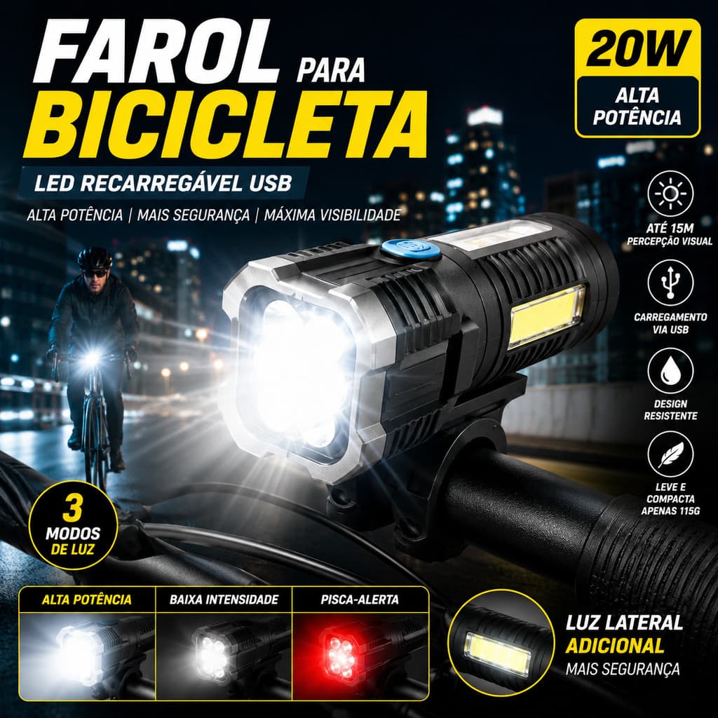 FAROL LANTERNA BIKE LED RECARREGÁVEL USB ALTA POTÊNCIA 20W LUZ FORTE