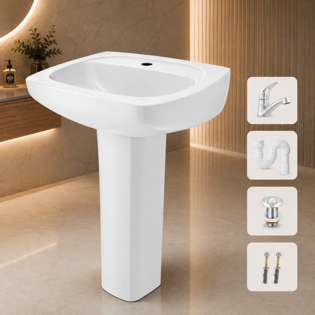KIT LAVATÓRIO COM COLUNA THEMA LUXO BRANCO INCEPA + KIT DE INTALAÇÃO E TORNEIRA