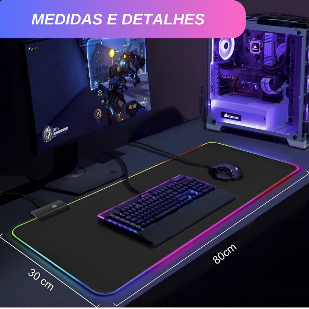 Mouse Pad Gamer Grande Speed  Borda Costurada Antiderrapante Led 7 Cores Rgb Impermeável 300cm X 800cm