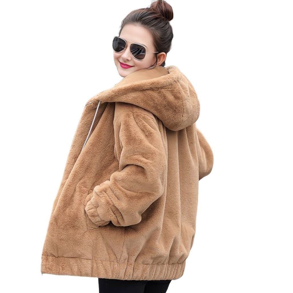 Casaco De Inverno Quente Feminino Jaqueta Aconchegante De Cor Sólida Com Capuz De Pele De Coelho Falso E Bolsos Elegante