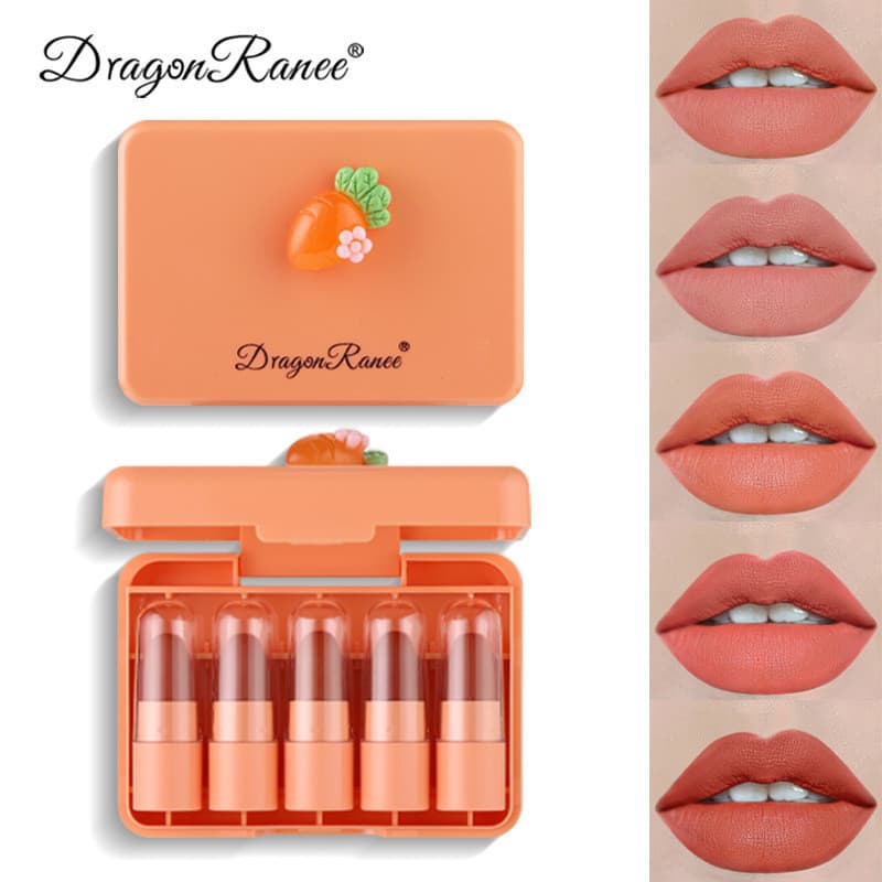 Amostra conjunto de batom cenoura frutas Mini conjunto de cinco peças caixa batom fosco laranja pequeno batom
