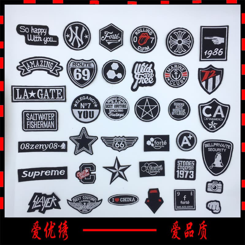 Moda emblema bordado pano remendo roupas remendo adesivo Denim decoração para baixo jaqueta braçadeira preto branco aces