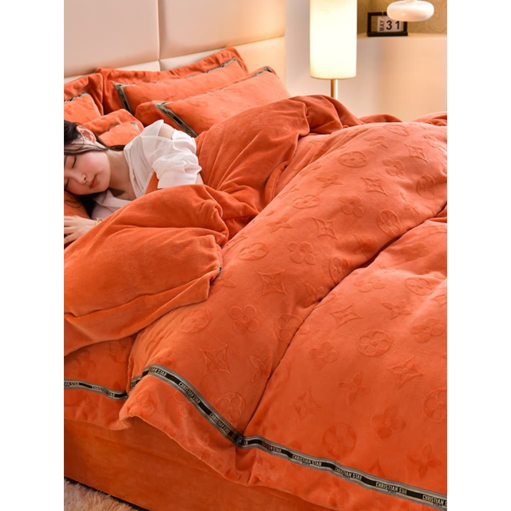 2025 novo estilo luz luxo esculpido leite veludo cama conjunto de quatro peças dupla face engrossado flanela colcha capa