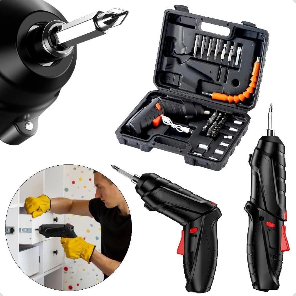 Kit Parafusadeira e Furadeira sem Fio 48 Peças com Maleta Carregamento USB Dupla Posição Portátil e Recarregável