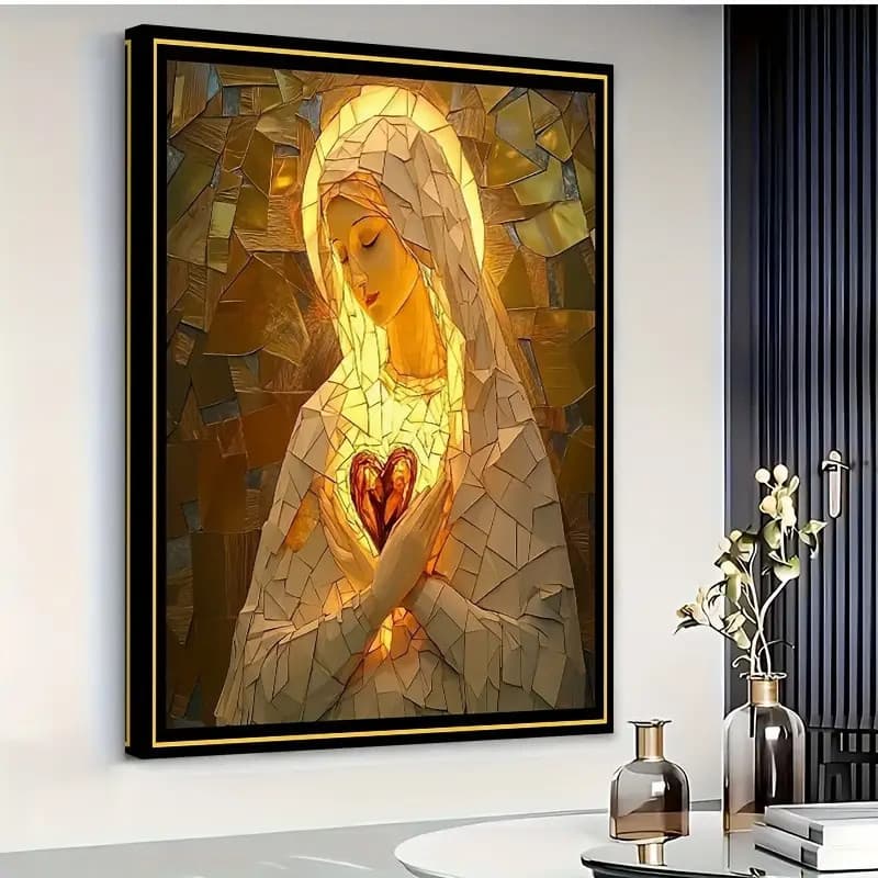 Quadro Decorativo Mosaico Nossa Senhora Coração Iluminado Religioso Maria 110x80