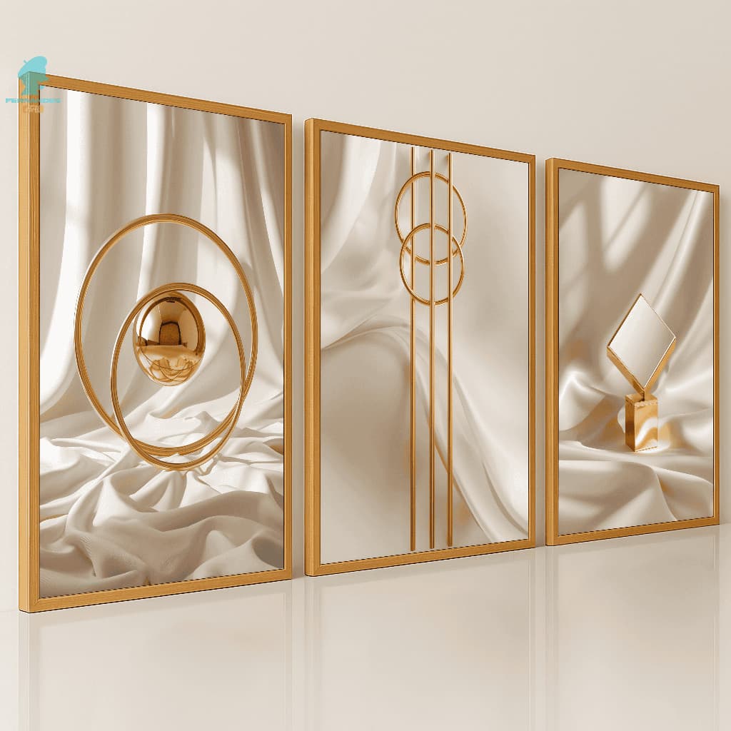 Quadros Decorativos Formas Geométricas Acetinadas Dourado Arte Abstrata 3D Sala