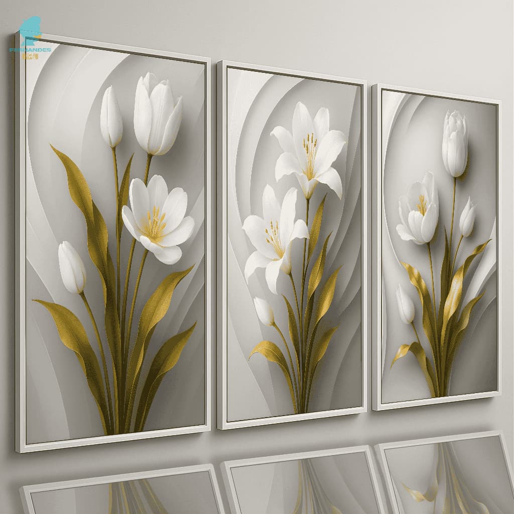 Quadros Decorativos 3 Peças Flores Brancas 3D Moderno Luxo Premium Sala Quarto