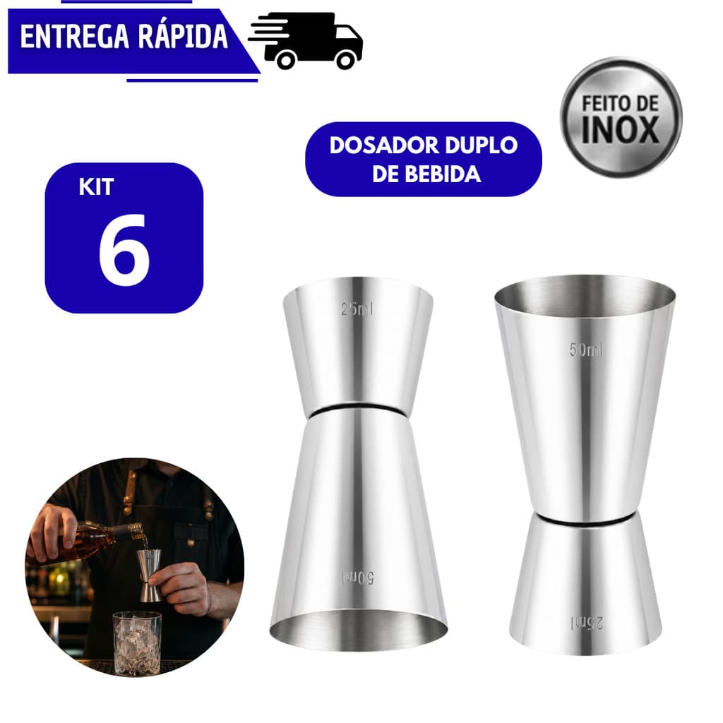 Kit 6 Dosador Duplo Inox 25 e 50ml Para Bebidas Drinks Bar Profissional Barman Restaurante Coquetéis Medidor  Dosadores