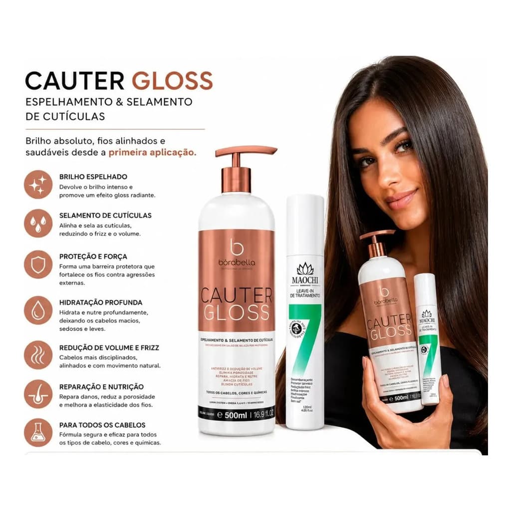 Kit Cauterização e Espelhamento dos fios Cauter Gloss 500ml+proteter Térmico Capilar 120ml 7in1 Tratamento Diário