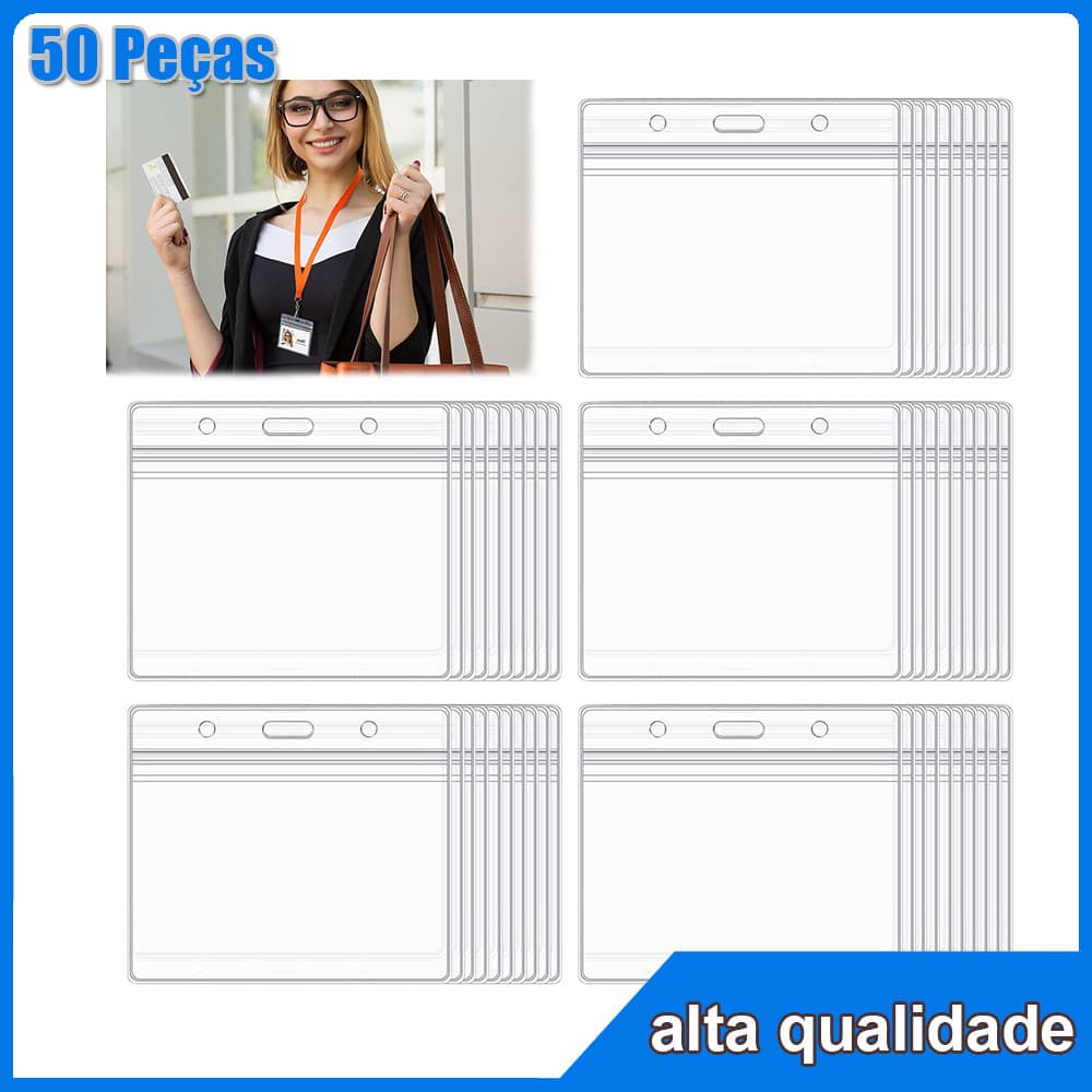 50 porta-crachás horizontal porta-cartões de identificação de protetora de crachás com zíper impermeável e resselável
