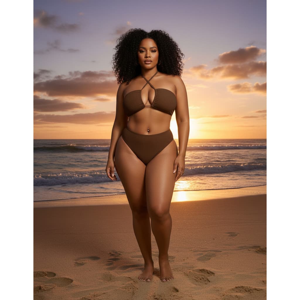 Biquíni Top Faixa Plus Size Calcinha Alta Hot Pants Canelado