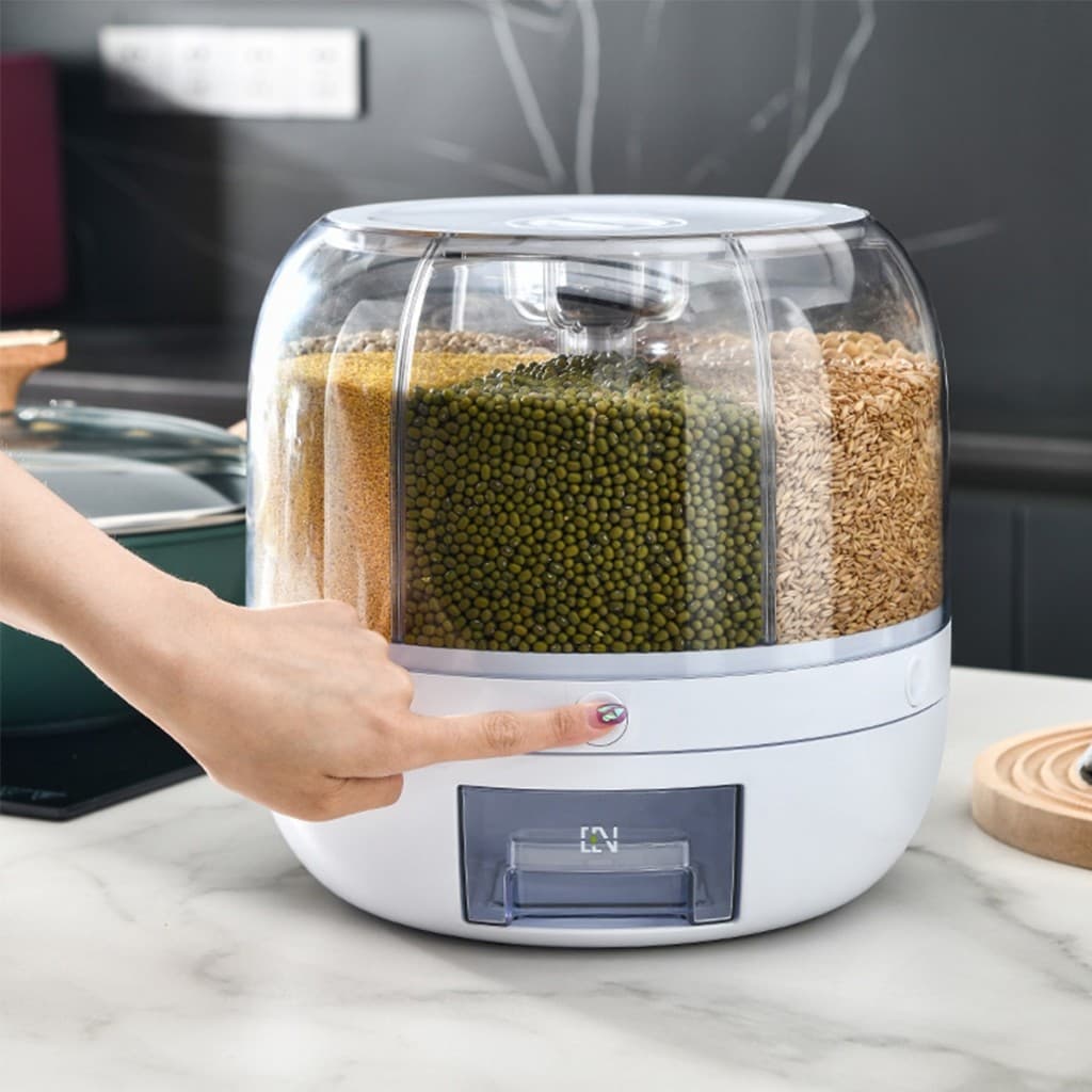 Dispenser de Cereais 6 em 1 Giratório 360° - Organizador de Grãos para Cozinha, Arroz, Feijão