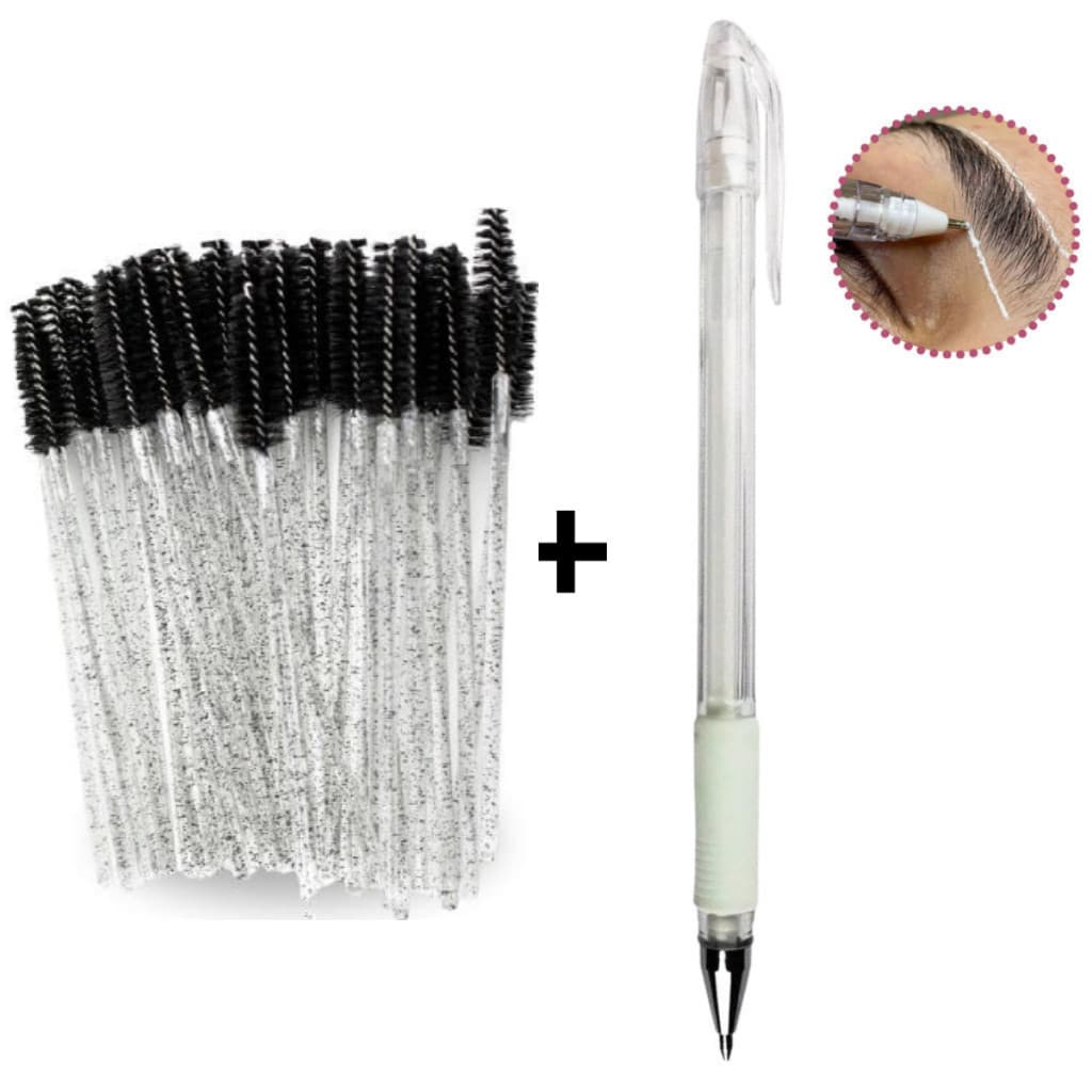 Caneta Gel Branca Kit Design de Sobrancelhas + 50 Escovinhas (S15)