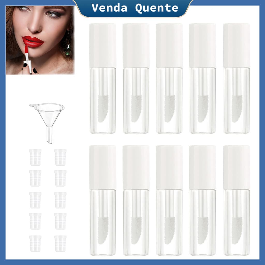 10 tubos transparentes brancos do brilho do bordo, mini recipiente cosmético transparente recarregável de 1.2 ml