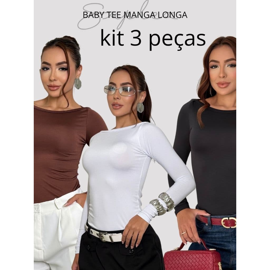 KIT 3 PEÇAS DE BLUSA MANGA LONGA FORRO DUPLO GOLA CANOA  MODA INVERNO
