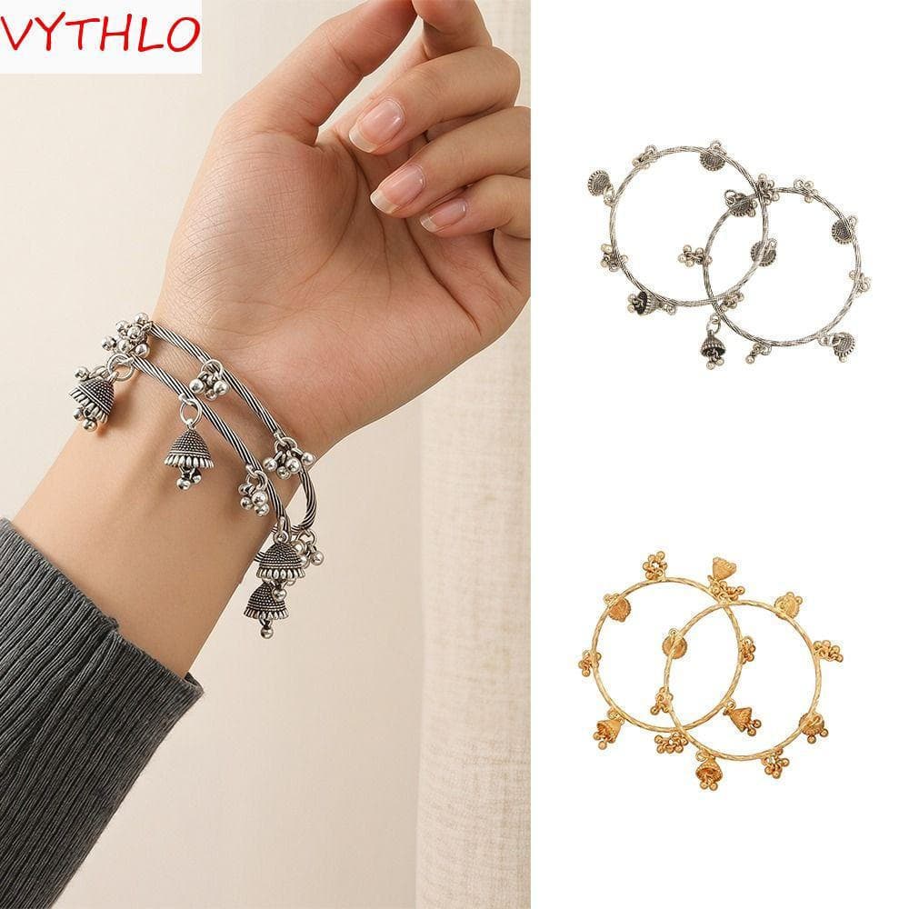 VYTHLO 2 Peças De Pulseiras Estilo Boêmio , Pulseira Elegante De Liga Com Pingente De Sino Vintage Ornamento Multi-Queda