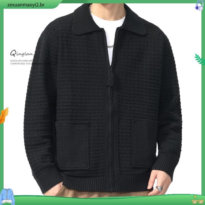 Casaco Masculino Suéter Plus Size Com Zíper e Bolso Manga longa Gola Dobrável Outono/Inverno