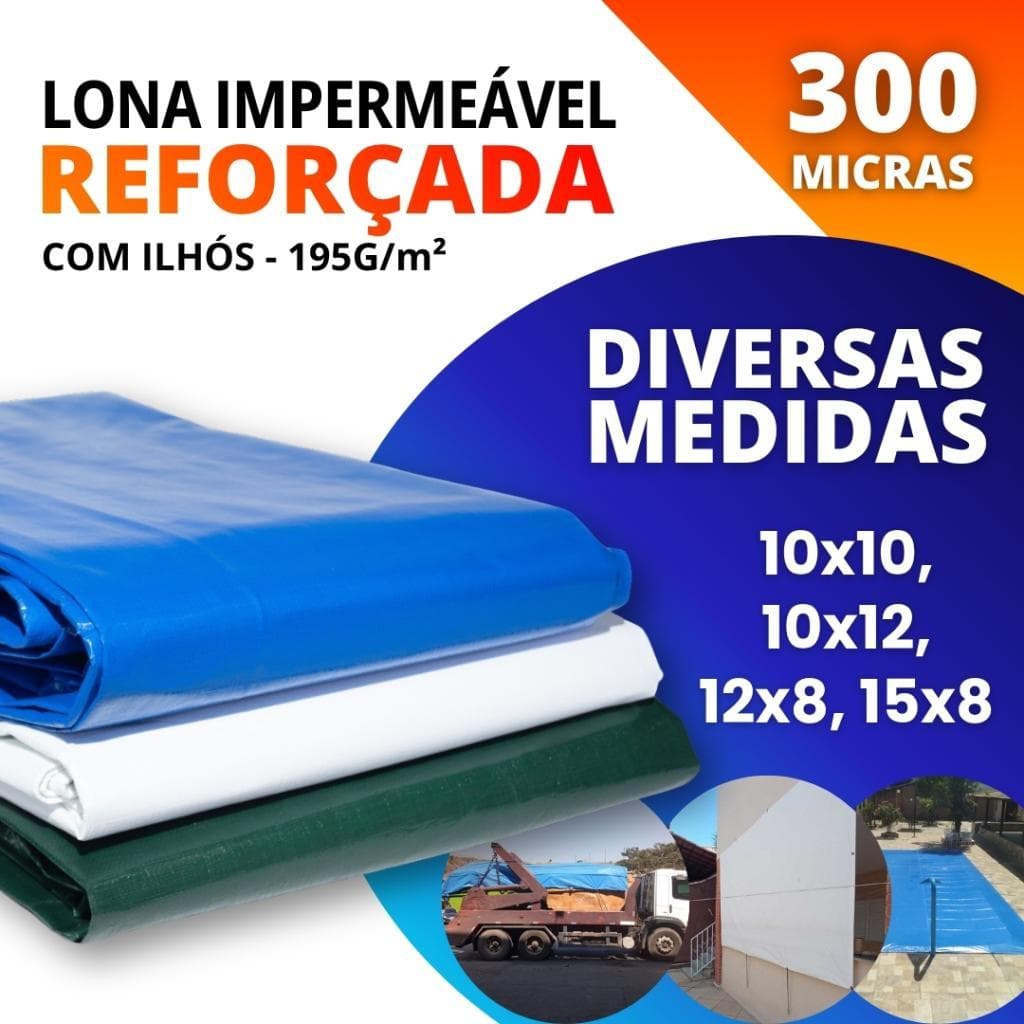 Lona Reforçada Impermeável 300 Micras 10x10 10x12 12x8 15x8 com Ilhós Multiuso Policarga Colorida