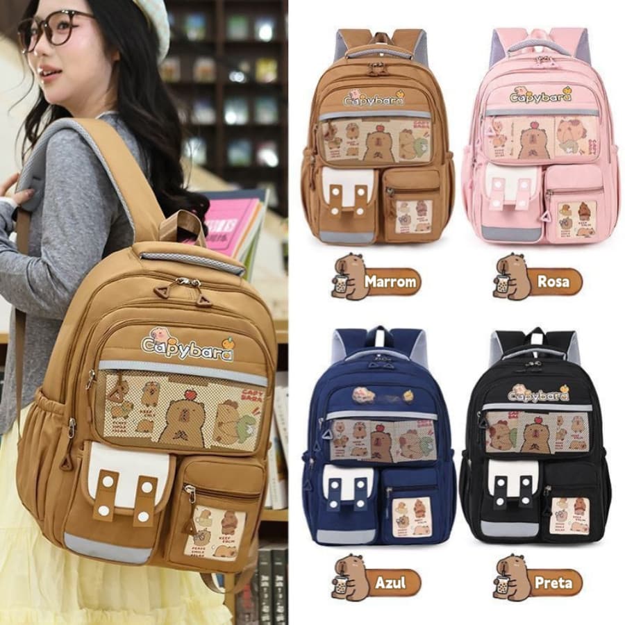 Mochila Escolar Feminina Capivara 6 Compartimentos Impermeável Grande Cabe Notebook Volta às Aulas