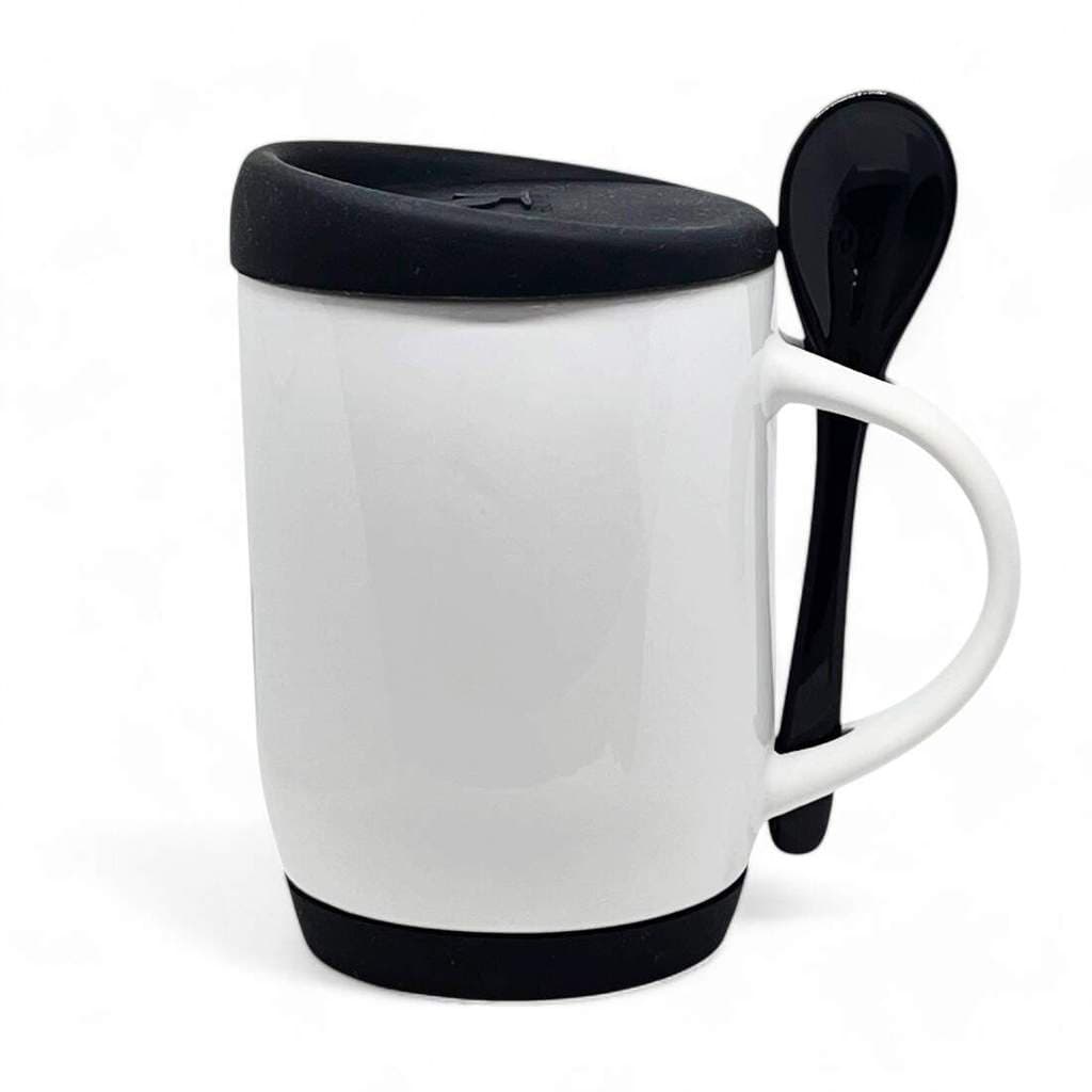 Caneca de Cerâmica Branca e Colher Preta com Tampa e Base em Silicone para Sublimação - 325ml
