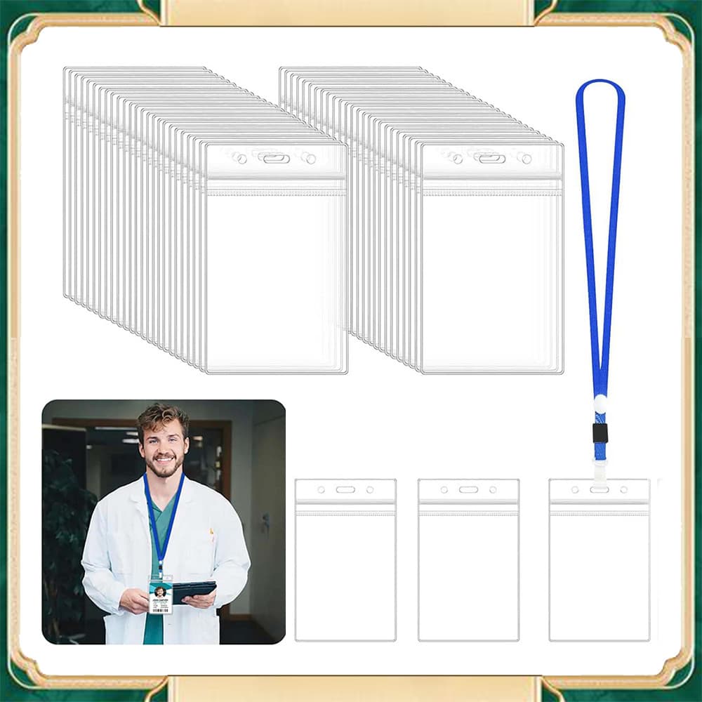 Porta-crachá transparente vertical  Conjunto de 50 porta-crachás  Com cordão