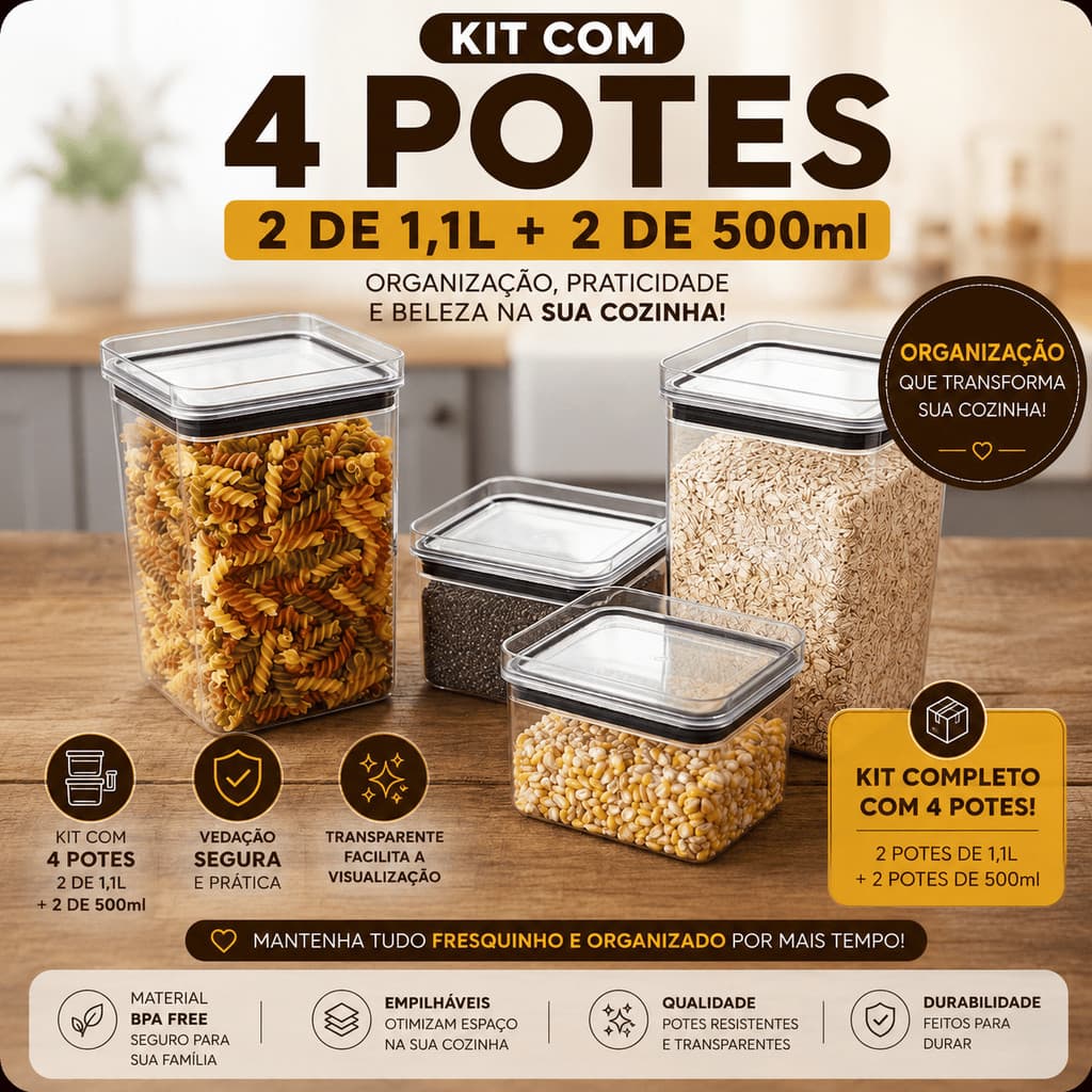 Kit 4 Potes Herméticos Acrílico - 2 Potes de 1,1L e 2 Potes de 500ml Organização Qualidade Premiun