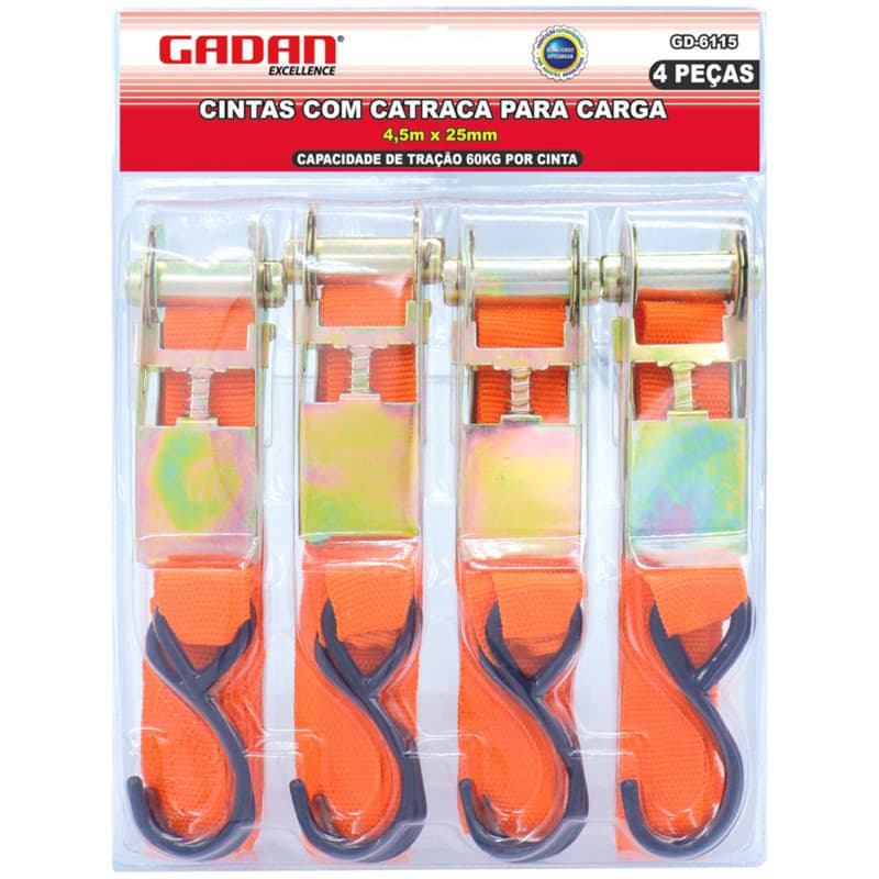 Cinta com Catraca fixação de cargas suporta até 60kg 4,5m x 25mm  1, 2, 3 ou 4 Peças