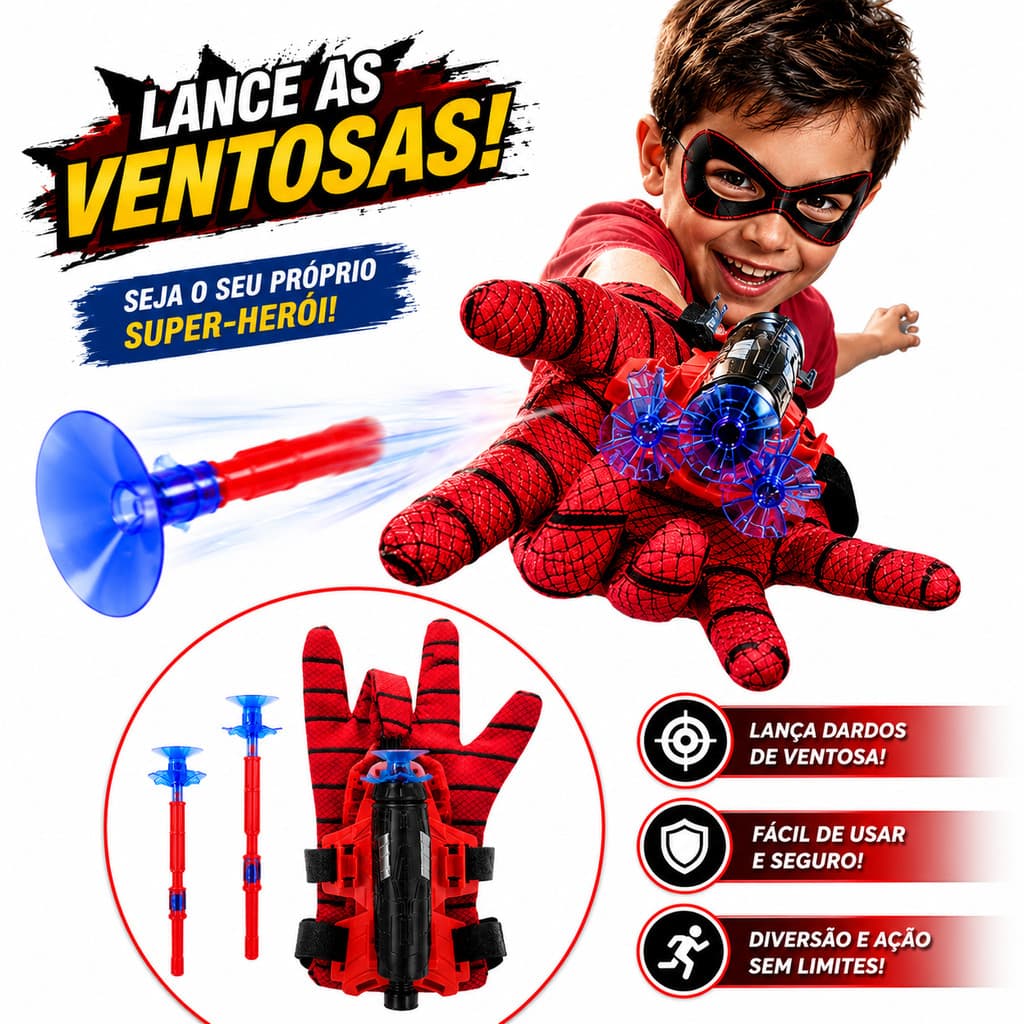 Luva Lança Dardos Homem Aranha Infantil Brinquedo Spider Man Herói Lançador Teia Ventosa Diversão