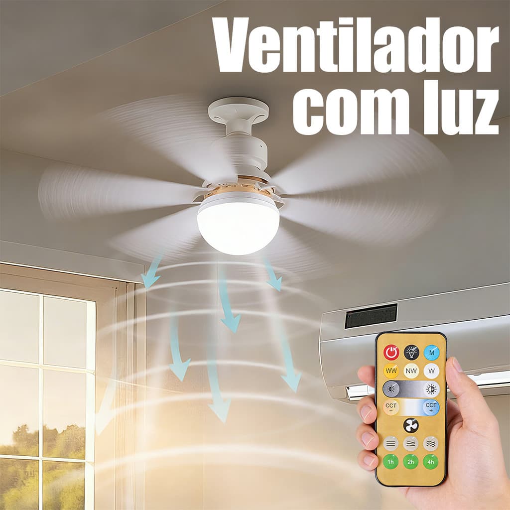 Ventilador de Teto com Luz LED 3 Cores E27 Silencioso 3 Velocidades