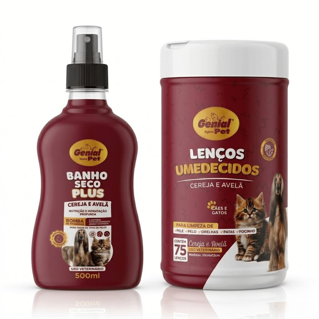 Kit Banho a Seco + Lenço para Cães e Gatos Banho Sem Enxágue Pet Clean